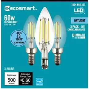 EcoSmart Bulbs 60-Watt Equivalent B11 Dimmable Energy Star Clear Glass Candelabra Vintage Edison LED Light Bulb in Daylight (3-Pack)
