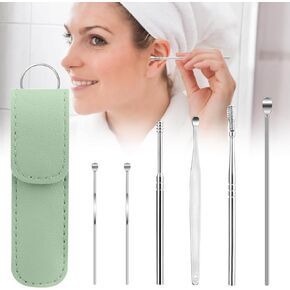 6 Pcs Ear Cleaner, Ear Wax Removal Kit, Portable Earwax Removal Tools, 360° Spiral Ear Massage Cleaning Tool, Stainless Steel Earwax Cleaner Tool Set with Pu Leather Case (Pink)