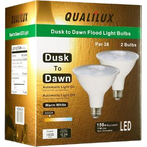 PAR38 Dusk to Dawn LED Light Bulbs, Warm White 3000K, 150W Equivalent, 1600LM, Auto On/Off Light Sensing Flood Light Outdoor Bulb, 17W, 2 Pack, HQ-H034