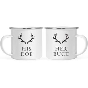 Andaz Press Stainless Steel Campfire Coffee Mugs Gift Set, His Doe, Her Buck, Deer Antlers Graphic, 2-Pack, Woodland Couple Christmas Metal Enamel Campfire Camp Cup, Includes Gift Box His And Hers