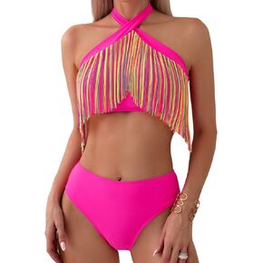 Milumia Women's 2 Piece Fringe Trim Halter Bikini Set Swimsuits Criss Cross High Waist Bathing Suit