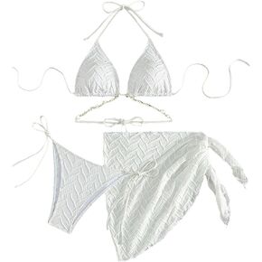 WDIRARA Women's 3 Piece Shell Decor Tie Back Halter Triangle Bra & High Waist Bikini Swimwear Set with Mini Coverup Skirt
