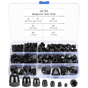 Hex Acorn Bolt Covers, 165pcs Acorn Cap Nuts, Black Dome Nut Caps, Stainless Steel Dome Acorn Bolt Cup Nuts Protector Caps for Protection Threads Rods Bolts, M3 M4 M5 M6 M8 M10 M12