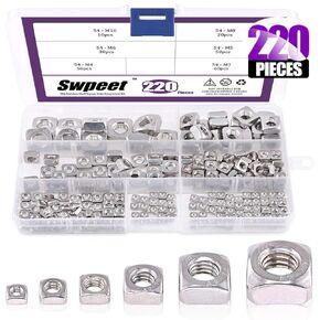 Swpeet 220Pcs 304 Stainless Steel 6 Sizes Metric Square Nuts Assortment Kit, Machine Screw Nuts Metric Coarse Thread - M3 M4 M5 M6 M8 M10
