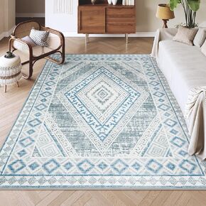 Uphome Blue Rug 8x10 Rugs for Living Room, Washable Boho Rug for Bedroom, Oriental Tribal Non-Slip Dining Room Rug, Vintage Soft Low-Pile Carpet for Dorm Office Apartment