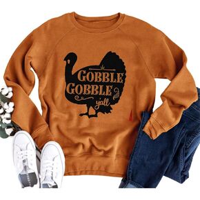SUNFLYLIG Gobble Gobble Y'all تي شيرت برقبة دائرية للنساء لعيد الشكر متعة تركيا جرافيك كم طويل بلوزة غير رسمية