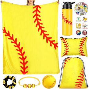 Umigy 8 Pcs Volleyball Themed Set Include 50" x 60" Warm Plush Cute Blanket, 20 oz Volleyball Tumbler, Volleyball Makeup Bag, and a Series of Volleyball Gifts(Softball)