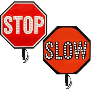SmartSign LED STOP SLOW Paddle - Reflective Hand Held Stop Slow Sign with Handle, 18" Double-Sided, Steady/Flashing LED Light Modes, Rechargeable, Pack of 1