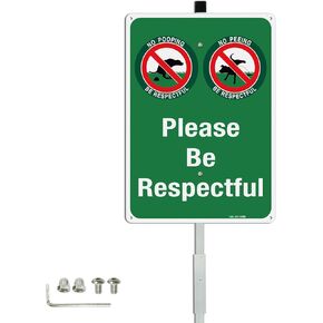 T&R Large Please Be Respectful Sign No Dog Pooping or Peeing Sign with 36" Stake for Outside - 2 Pack - 14"x10" .040 Rust Free Heavy Aluminum, Reflective, Waterproof, Weatherproof and Fade Resistant, 6 pre-drilled holes,Includes Matching Screws & Wrench, 