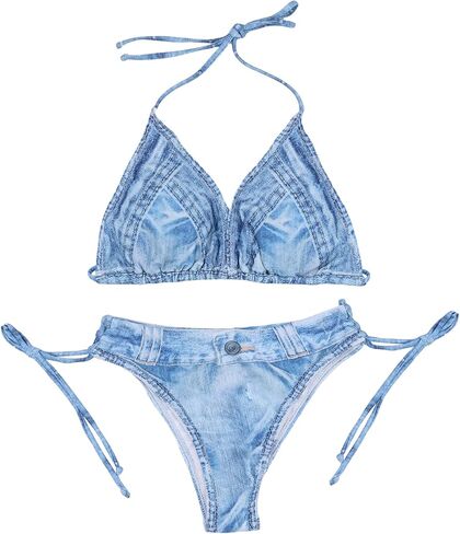 RARITYUS Women’s Sexy Halter Denim Bikini Set 2 Piece Triangle Tie Side Swimsuit Jeans High Cut Bathing Suit in Kuwait