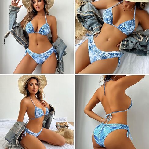 RARITYUS Women’s Sexy Halter Denim Bikini Set 2 Piece Triangle Tie Side Swimsuit Jeans High Cut Bathing Suit in Kuwait