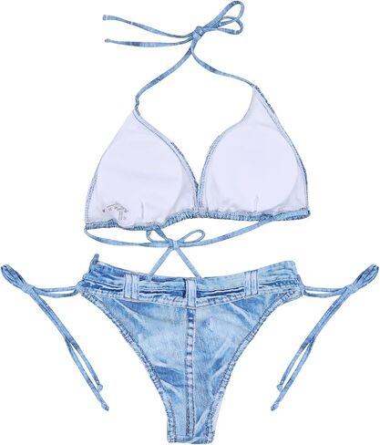 RARITYUS Women’s Sexy Halter Denim Bikini Set 2 Piece Triangle Tie Side Swimsuit Jeans High Cut Bathing Suit in Kuwait