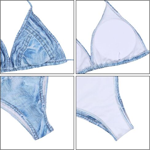 RARITYUS Women’s Sexy Halter Denim Bikini Set 2 Piece Triangle Tie Side Swimsuit Jeans High Cut Bathing Suit in Kuwait