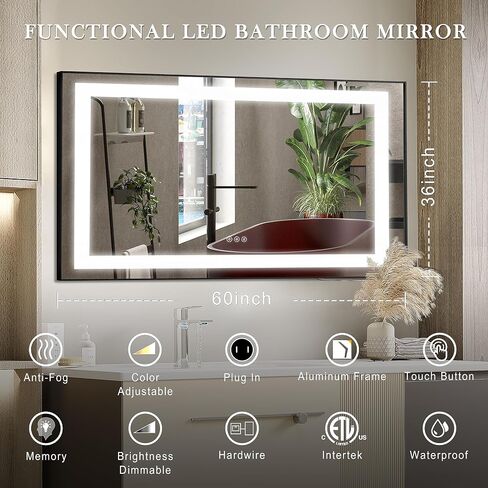 LED Lighted Bathroom Mirror Framed - 36x24 LifeSky Anti Fog Front Lit Lighted Bathroom Mirror - Wall Mounted LED Vanity Mirror Black in Saudi Arabia