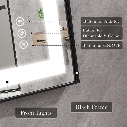 LED Lighted Bathroom Mirror Framed - 36x24 LifeSky Anti Fog Front Lit Lighted Bathroom Mirror - Wall Mounted LED Vanity Mirror Black in Saudi Arabia