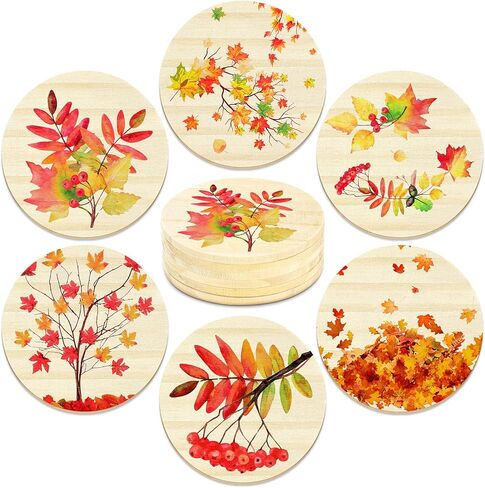 Hoolerry 6 Packs Fall Coasters for Drinks Autumn Maple Leaves Wood Drink Coaster Set Round Rustic Thanksgiving Coasters for Table Coffee Bar Coasters for Fall Home Party Decoration in Kuwait