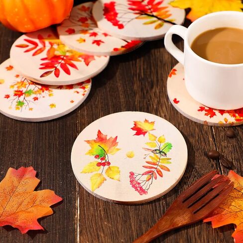 Hoolerry 6 Packs Fall Coasters for Drinks Autumn Maple Leaves Wood Drink Coaster Set Round Rustic Thanksgiving Coasters for Table Coffee Bar Coasters for Fall Home Party Decoration in Kuwait