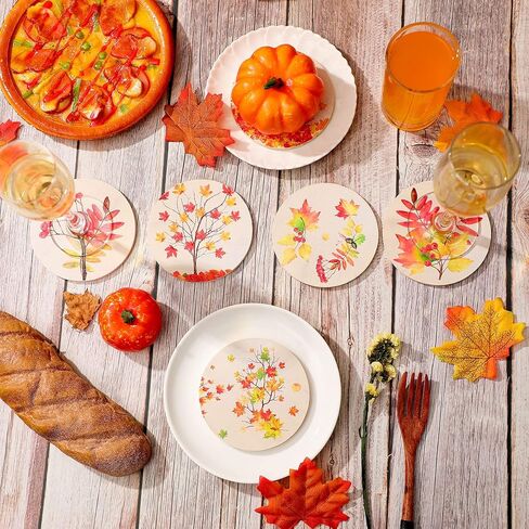 Hoolerry 6 Packs Fall Coasters for Drinks Autumn Maple Leaves Wood Drink Coaster Set Round Rustic Thanksgiving Coasters for Table Coffee Bar Coasters for Fall Home Party Decoration in Kuwait