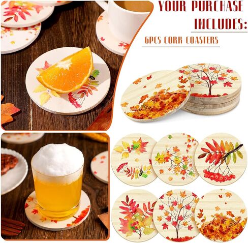 Hoolerry 6 Packs Fall Coasters for Drinks Autumn Maple Leaves Wood Drink Coaster Set Round Rustic Thanksgiving Coasters for Table Coffee Bar Coasters for Fall Home Party Decoration in Kuwait