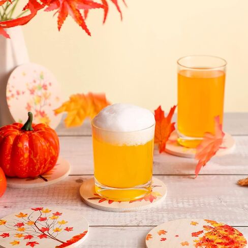Hoolerry 6 Packs Fall Coasters for Drinks Autumn Maple Leaves Wood Drink Coaster Set Round Rustic Thanksgiving Coasters for Table Coffee Bar Coasters for Fall Home Party Decoration in Kuwait