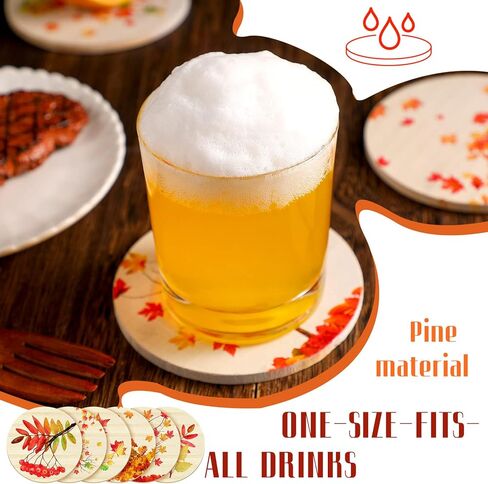 Hoolerry 6 Packs Fall Coasters for Drinks Autumn Maple Leaves Wood Drink Coaster Set Round Rustic Thanksgiving Coasters for Table Coffee Bar Coasters for Fall Home Party Decoration in Kuwait