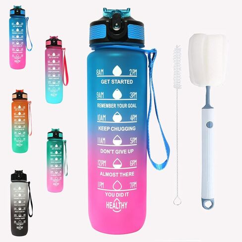 Kireina 32 oz Water Bottle with Time Marking, Leak-Proof Water Bottles，Tritan BPA Free Water Bottle for kids, Sports Water Bottles for Women(1pcs,Blue-Pink) in Saudi Arabia