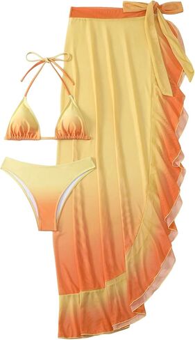 OYOANGLE Women's 3 Piece Ombre Triangle Halter Bikini Swimsuit with Ruffle Beach Skirts Cover Up in Saudi Arabia