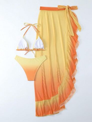 OYOANGLE Women's 3 Piece Ombre Triangle Halter Bikini Swimsuit with Ruffle Beach Skirts Cover Up in Saudi Arabia