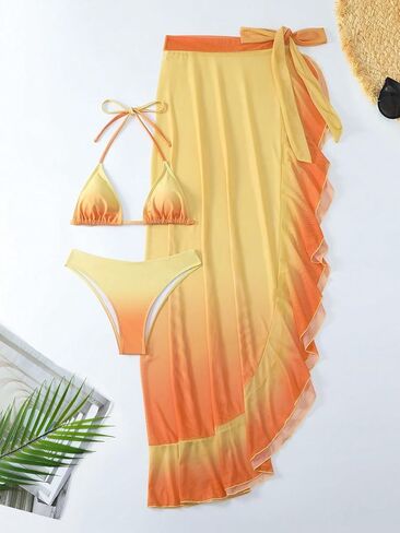 OYOANGLE Women's 3 Piece Ombre Triangle Halter Bikini Swimsuit with Ruffle Beach Skirts Cover Up in Saudi Arabia