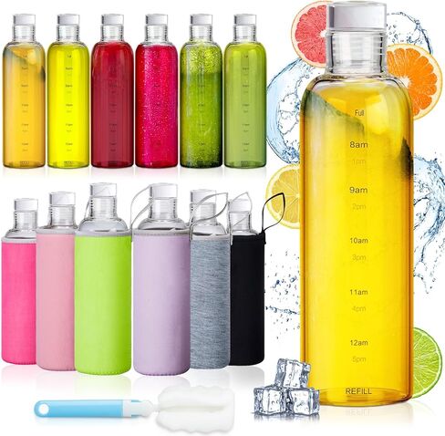 6 قطع من زجاجات العصير الزجاجية القابلة لإعادة الاستخدام سعة 18 أونصة مع 6 قطع من زجاجات المياه القابلة لإعادة الملء مع أغطية شفافة وزجاجات المشروبات الشفافة لملحقات عصارة الثلاجة in Kuwait