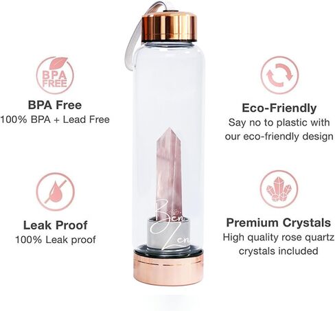 BenZen Rose Gold Crystal Water Bottle with Rose Quartz Inside - Leak Proof Bottle and Removable Crystal - 16oz 550ml in Saudi Arabia