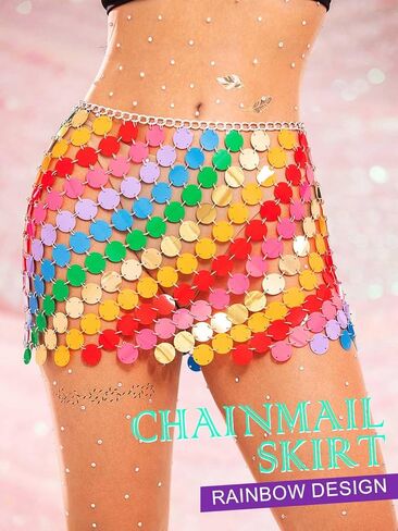 Asooll قوس قزح النقاط الترتر Chainmail تنورة الهذيان ديسكو الرقص الورك التنانير للنساء in Kuwait