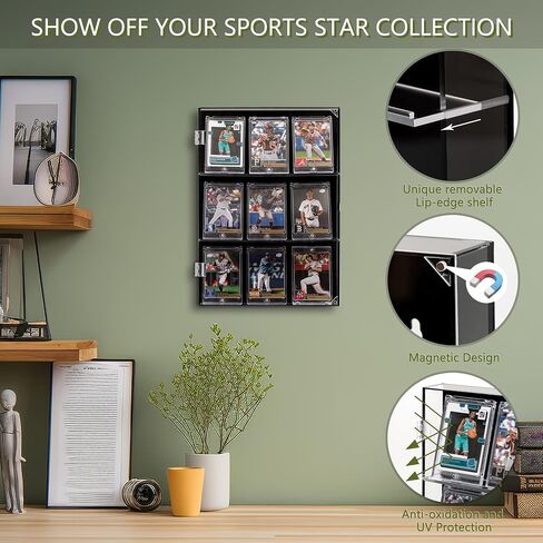 Acrylic Baseball Card Display Case, Trading Card Display Case with Magnetic Door, 9 Sports Card Display Frame Wall Mounted, for Football Basketball Hockey Trading Card Collection 14.4" x 10.9" x 1.9" in Saudi Arabia