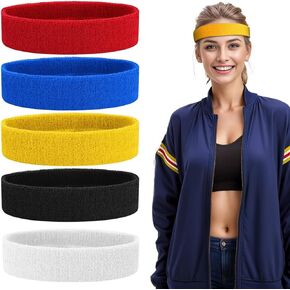 5 Pcs Sweatbands for Women,Mens Headbands for Sweat,Terry Cloth Moisture Wicking Sweatband Sports Headband for Basketball, Running,Tennis,Yoga,Working Out,Towel Material(Colorful)