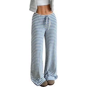 GORGLITTER Women's Striped Wide Leg Lounge Pants Comfy Elastic Waist Drawstring Loose Baggy Knit Pant