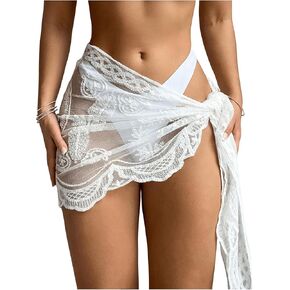 SHENHE Women's Lace Sheer Tie Side Cover Up Mini Skirt Loose See Through Beach Skirt