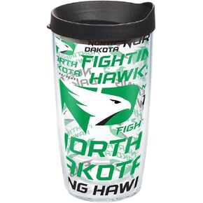 كوب Tervis North Dakota Fighting Hawks في جميع أنحاء البهلوان مع غلاف وغطاء أسود، 16oz، شفاف