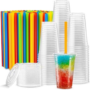 ELEGANT DISPOSABLES [40 Sets - 32 Oz] Crystal Clear PET Plastic Cups With Flat lids & Straws for Iced Coffee, Milkshake, Cold Drinks, Slush Cups, Smoothy's, Slurpee, Party's, Plastic Disposable Cups