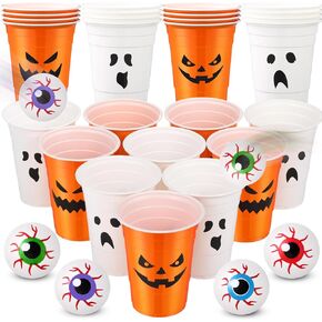 30pcs Halloween Party Supplies Includes 22 Pcs Beer Cups with Halloween Ghost Designs and 8 Pcs 1.5In Fake Eye Balls for Halloween Party Favors Indoor Outdoor Nighttime Competitive