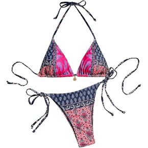 MakeMeChic Women's Printed 2 Piece Swimsuit Halter Triangle Bikini Set Tie Side Thong Bathing Suit
