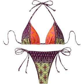 MakeMeChic Women's Printed 2 Piece Swimsuit Halter Triangle Bikini Set Tie Side Thong Bathing Suit in Kuwait
