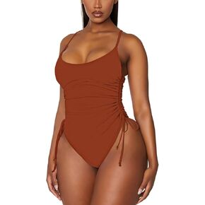 Viottiset Women's Ruched Drawstring One Piece Swimsuit Tummy Control Bathing Suit Burnt Orange X-Large