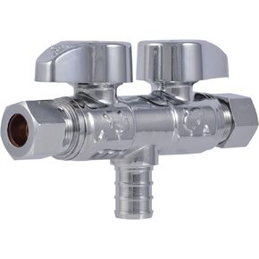SharkBite 1/2 x 3/8 x 3/8 Inch Brass Crimp Angle Stop Valve, Dual Shut Off, Quarter Turn, PEX Pipe, PE-RT, UCDS123838Z