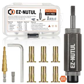 Multi-Grip Rivet Nut Installation Tool Set Pre-Bulbed Shank Flat Head Threaded Insert Nut Plus Nuts Assortment Kit Cross Rivnut for Construction Industrial (1/4-20(Plus Nut Tool-6pcs, Stainless))