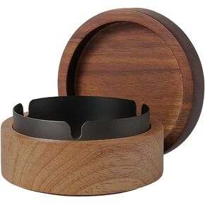 Wooden Ashtray with Lid for Smokers, Stainless Steel Liner Ash Tray Windproof Ashtrays Odorless Smoking Holder for Smokers Outside Patio Home Office Desktop Tabletop Car Indoor Parties(Black) in Kuwait