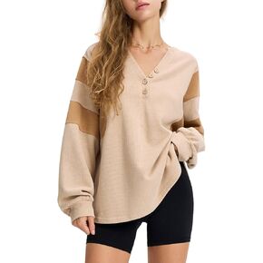 EXLURA Women's Oversized V Neck Henley Shirt Patchwork 2024 Color Block Sweatshirt Long Sleeve Button Pullover Tunic Tops