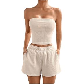 Verdusa Women's 2 Piece Ribbed Crop Tube Top and Shorts Tracksuit Set
