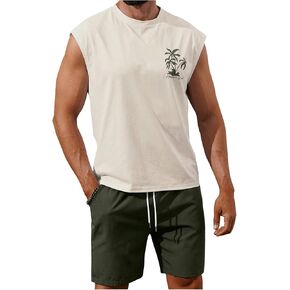 Men's 2 Piece Outfits Tropical Sleeveless Tank Top and Drawstring Shorts Set Vacation Summer Outfits