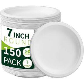 150 Pieces 100% Compostable Paper Plates (White 7inch) Heavy Duty Disposable Plates Eco Plates Made of Sugarcane Fiber Biodegradable Plates for Everyday Dinner, Party, Barbecue