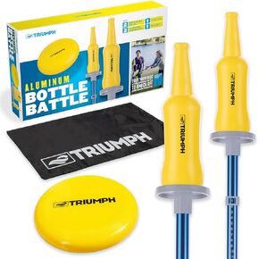 لعبة Triumph Sports Bottle Battle-رمي القرص في الهواء الطلق تتضمن قطبين من الألومنيوم، وزجاجتين غير قابلتين للكسر، وقرص، أزرق